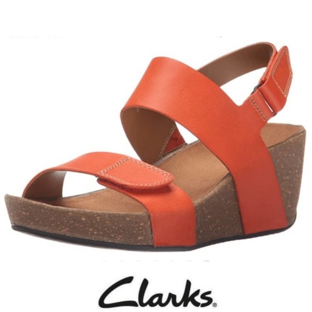 Clarks Auriel Fin Orange Leather Cork Wedge Sandal Shoes Size 9